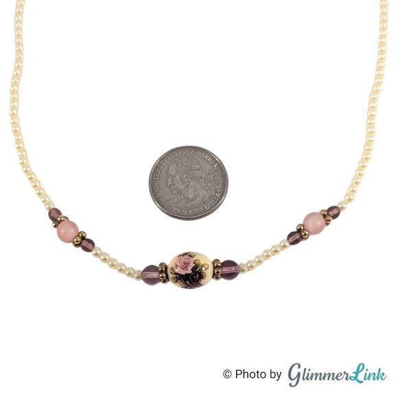 1928 Company Faux Pearl Pink Purple Roses Beaded Necklace - Picture 5 of 9
